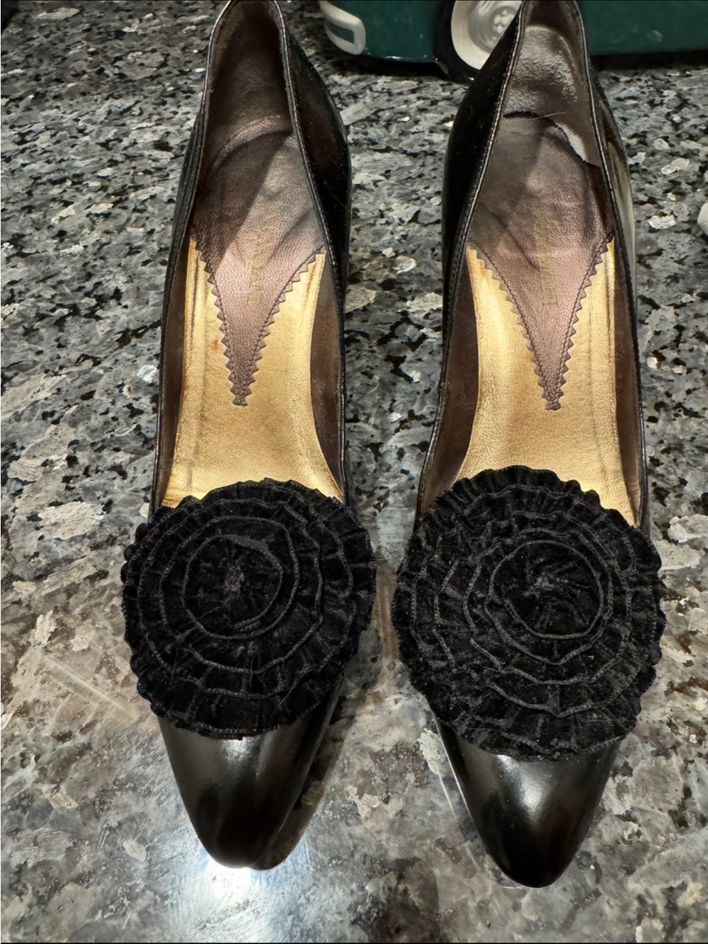 Emporio Armani Black Pointed-Toe Pumps with Rosette Detail